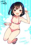  1girl absurdres bikini black_hair bow_bikini breasts brown_eyes clenched_hands collarbone full_body highres ichihaya looking_at_viewer navel open_mouth original pink_bikini sandals short_hair side_ponytail small_breasts solo swimsuit 