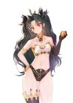  1girl asymmetrical_legwear asymmetrical_sleeves bangs bare_shoulders black_hair blush breasts commentary_request crown detached_collar earrings elbow_gloves eyebrows_visible_through_hair fate/grand_order fate_(series) gloves hair_ribbon highres holding hoop_earrings ishtar_(fate)_(all) ishtar_(fate/grand_order) jewelry long_hair looking_at_viewer medium_breasts navel orry parted_bangs red_eyes ribbon simple_background single_elbow_glove single_thighhigh solo thighhighs two_side_up white_background 