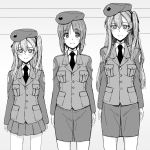  3girls bangs beret closed_mouth commentary dress_shirt emblem eyebrows_visible_through_hair girls_und_panzer greyscale hair_ribbon hat height_chart height_mark highres jacket japanese_tankery_league_(emblem) long_hair long_sleeves looking_at_viewer military military_hat military_uniform miniskirt monochrome multiple_girls necktie nishizumi_miho older one_side_up pencil_skirt petag2 pleated_skirt ribbon selection_university_military_uniform shimada_arisu shirt short_hair side-by-side sketch skirt smile standing time_paradox uniform 