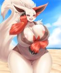  2019 anthro areola beach belly big_belly big_breasts blush breasts camel_toe claws clothed clothing cloud curvy_figure digital_media_(artwork) ear_piercing eyelashes fangs female hand_on_face huge_breasts looking_at_viewer mleonheart nintendo nipple_outline open_mouth outside overweight overweight_female piercing pok&eacute;mon pok&eacute;mon_(species) pok&eacute;morph red_sclera sand seaside sky slightly_chubby solo thick_thighs video_games voluptuous water wide_hips yellow_eyes zangoose 