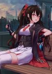  1girl belt bench black_gloves black_hair can city cityscape commentary_request corset detached_collar double-breasted evening fingerless_gloves girls_frontline gloves hair_ribbon highres holding holding_can jacket long_hair necktie open_clothes open_jacket open_mouth outdoors qbz-97_(girls_frontline) red_eyes red_neckwear red_ribbon ribbon roke_(taikodon) short_sleeves sitting smile soda_can solo thighhighs twintails white_legwear wooden_bench 