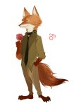  2016 anthro barefoot bottomwear brown_body brown_fur canid canine cheek_tuft clothing collar dipstick_tail disney facial_tuft food fox fur gloves_(marking) hand_in_pocket holding_food holding_object inner_ear_fluff kechooooo mammal markings multicolored_tail necktie nick_wilde pants pawpsicle pockets popsicle red_fox shirt shock_collar simple_background solo standing topwear tuft white_background white_body white_fur zootopia 