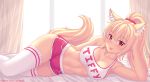  animal_ears bed blonde_hair breasts cleavage fast-runner-2024 orange_eyes original ponytail shorts tail thighhighs tiffy watermark 