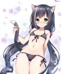  1girl animal_ear_fluff animal_ears ass_visible_through_thighs bare_arms bare_shoulders bikini black_bikini black_hair blush breasts cat_ears cat_girl cat_tail closed_mouth collarbone floral_background front-tie_bikini front-tie_top green_eyes groin halter_top halterneck holding_tail kyaru_(princess_connect) long_hair looking_at_viewer low_twintails mauve multicolored_hair navel nose_blush princess_connect! princess_connect!_re:dive side-tie_bikini small_breasts solo streaked_hair sweat swimsuit tail tail_hold tail_raised twintails twitter_username underboob very_long_hair white_background white_hair 