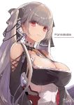  1girl artist_name azur_lane bangs between_breasts black_dress blush breasts character_name cleavage closed_mouth collar cross-laced_clothes detached_sleeves dress earrings eyebrows_visible_through_hair eyes_visible_through_hair formidable_(azur_lane) frilled_dress frills from_below hair_ribbon highres huge_breasts jewelry lace light_smile long_hair looking_at_viewer red_eyes ribbon rigging signature silver_hair simple_background solo twintails two-tone_dress two-tone_ribbon upper_body white_background yuuki_yuchi 