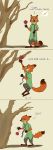  2017 absurd_res anthro barefoot bottomwear canid canine carrot clothed clothing comic dialogue dipstick_tail disney english_text food fox fully_clothed fur gloves_(marking) green_eyes head_tuft hi_res holding_food holding_object jumping mammal markings multicolored_tail musical_note necktie nick_wilde orange_body orange_fur pants pawpsicle plant popsicle profanity red_fox shirt singing smile solo text thearonaut thought_bubble topwear tree tuft vegetable zootopia 