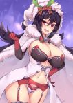  1girl bell black_hair bow bowtie bra breasts breath christmas cleavage clenched_hand elbow_gloves fang feet_out_of_frame fur_collar garter_belt garter_straps gloves hand_on_hip hat ilya_ornstein kuavera large_breasts lipstick long_hair makeup navel open_mouth panties princess_connect! princess_connect!_re:dive red_eyes santa_hat signature solo underwear very_long_hair 