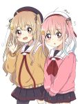  2girls :o bangs beret black_headwear black_legwear black_skirt blush brown_eyes cardigan eyebrows_visible_through_hair gradient_hair hair_ornament hair_ribbon hairclip harusame_(kantai_collection) hat heterochromia kantai_collection light_brown_hair long_hair long_sleeves multicolored_hair multiple_girls murasame_(kantai_collection) open_mouth pink_eyes pink_hair pleated_skirt ponytail red_neckwear remodel_(kantai_collection) ren_kun ribbon sailor_collar side_ponytail simple_background skirt two_side_up waving white_background white_headwear 