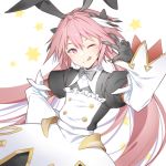  1boy absurdres astolfo_(fate) astolfo_(saber)_(fate) bangs black_bow black_gloves black_ribbon blush bow bowtie commentary_request fate/grand_order fate_(series) gloves hair_bow hair_intakes hair_ribbon highres long_hair long_sleeves looking_at_viewer multicolored_hair nemuko_ofuton one_eye_closed otoko_no_ko pink_hair purple_eyes ribbon simple_background smile solo star streaked_hair tongue tongue_out twintails w white_background white_hair 