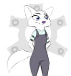  anthro arctic_fox blue_eyes canid canine clothed clothing disney fox fully_clothed fur gokhan16 hands_behind_back head_tuft mammal neck_tuft overalls shirt simple_background skye_(zootopia) solo standing topwear tuft white_body white_fur zootopia 