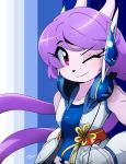  2019 anthro clothing female freedom_planet freedom_planet_2 hair headphones horn jacket jewelry kenjikanzaki05 long_hair one_eye_closed pattern_background purple_hair red_eyes sash_lilac simple_background smile solo striped_background topwear video_games wink 