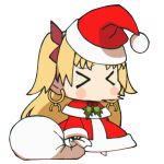 &gt;_&lt; 1girl blonde_hair blush_stickers chibi christmas closed_eyes commentary earrings english_commentary ereshkigal_(fate/grand_order) fate/grand_order fate_(series) hair_ribbon hat highres hoop_earrings jewelry loen-lapae long_hair long_sleeves meme open_mouth padoru red_headwear ribbon sack santa_costume santa_hat simple_background sneezing solo standing white_background 