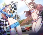  2girls alternate_hairstyle arm_up blue_eyes blue_shorts blush breasts brown_hair cameltoe car cheerleader cleavage eyebrows_visible_through_hair ground_vehicle hair_ornament hair_ribbon highres ice_keki jumping kagari_atsuko little_witch_academia long_hair looking_at_viewer lotte_jansson microskirt midriff motor_vehicle multiple_girls navel no_eyewear one_eye_closed open_mouth orange_hair outdoors panties polka_dot polka_dot_panties pom_poms race_queen red_eyes ribbon shorts skirt sky small_breasts smile teeth underwear upper_teeth 