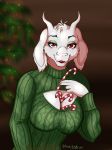  2019 amber_wind anthro big_breasts bovid breasts candy candy_cane caprine christmas cleavage_cutout clothed clothing digital_media_(artwork) female food fur goat green_clothing green_sweater green_topwear half-closed_eyes hi_res holidays horn keyhole_turtleneck looking_at_viewer makeup mammal mature_female narrowed_eyes red_eyes solo standing sweater thick_thighs topwear toriel undertale video_games white_body white_fur 