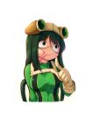  1girl :&gt; artnetirs asui_tsuyu black_bodysuit black_eyes black_hair bodysuit boku_no_hero_academia breasts commentary frog_girl goggles goggles_on_head green_bodysuit green_hair hair_rings highres large_breasts long_hair long_tongue simple_background smile solo tongue tongue_out white_background 
