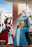  2girls :d aege-kai_wo_wataru_hana-tachi bangs bead_necklace beads blonde_hair blue_dress blue_eyes breasts brown_hair carpet castanets castle coin_(ornament) day dress drum frills head_chain hinoshita_akame holding holding_instrument instrument jewelry long_hair long_sleeves looking_at_another lute_(instrument) multiple_girls music necklace open_mouth playing_instrument sitting sky smile traditional_dress veil 