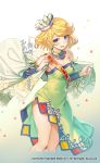  1girl :d arm_warmers blonde_hair blue_eyes blush breasts cleavage clenched_hand company_name crown dated detached_collar dress green_dress highres medium_breasts medium_hair official_art open_mouth romancing_saga_re;universe simple_background smile solo standing taranbo tilted_headwear watermark white_background 