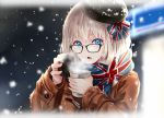  1girl black-framed_eyewear black_headwear blue_eyes blue_ribbon blue_scarf blurry blurry_background border brown_coat coat commentary_request cup depth_of_field disposable_cup duffel_coat enpera fading_border glasses hair_ribbon hat holding holding_cup long_sleeves looking_at_viewer nabeshima_tetsuhiro night open_mouth original outdoors ribbon scarf sidelocks silver_hair snowing solo standing steam union_jack upper_body winter winter_clothes 