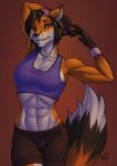  2019 abs absurd_res anthro athletic black_hair bottomwear breasts brown_eyes canid canine clothing digital_media_(artwork) eyebrows eyelashes female fox fur hair hi_res ldr looking_at_viewer mammal midriff muscular muscular_female navel orange_background orange_body orange_fur rosaline_(bronx23) shorts simple_background solo white_body white_fur 