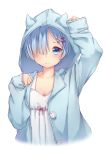  1girl absurdres artnetirs blue_eyes blue_hair blue_jacket breasts cleavage commentary dress eyebrows_visible_through_hair frown hair_ornament hair_over_one_eye highres hood hooded_jacket hoodie jacket looking_at_viewer medium_breasts open_clothes re:zero_kara_hajimeru_isekai_seikatsu rem_(re:zero) short_hair simple_background sleeves_past_wrists solo white_background white_dress x_hair_ornament 