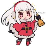  1girl artist_name belt black_mittens buttons chibi do_m_kaeru earmuffs fire_emblem fire_emblem:_three_houses fur_trim handbell holding_bell long_hair long_sleeves lysithea_von_ordelia mittens open_mouth pink_eyes santa_costume simple_background solo white_background white_hair 