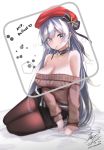  1girl 2019 aran_sweater azur_lane bare_shoulders belfast_(azur_lane) belfast_(shopping_with_the_head_maid)_(azur_lane) beret black_skirt blurry bow breasts brown_legwear brown_sweater character_name choker cleavage collarbone commentary_request dated earrings food hair_bow hat highres hoop_earrings jewelry large_breasts long_hair long_sleeves looking_at_viewer mouth_hold off-shoulder_sweater off_shoulder pantyhose pencil_skirt pocky purple_eyes red_headwear sidelocks signature silver_hair sitting skirt solo sweater teratsuki very_long_hair yokozuwari 