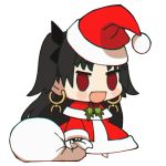  1girl :d black_hair blush_stickers chibi christmas commentary earrings english_commentary fate/grand_order fate_(series) hair_ribbon hat highres hoop_earrings ishtar_(fate)_(all) ishtar_(fate/grand_order) jewelry loen-lapae long_hair long_sleeves meme open_mouth padoru red_eyes red_headwear ribbon sack santa_costume santa_hat simple_background smile solo standing white_background 
