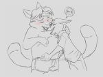  2019 4:3 accessory anthro belly belly_fondling big_belly blush bottomwear canid canine clothed clothing disney duo eclipsewolf fox fur gideon_grey hair headband hug male male/male mammal monochrome necktie nick_wilde no_symbol overweight shirt shorts speech_bubble suggestive topless topwear weights zootopia 