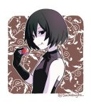  1girl bangs bare_shoulders black_dress black_eyes black_gloves black_hair bob_cut brown_background commentary dress eating flat_chest food food_on_face fruit gloves holding holding_food licking_lips light_smile looking_at_viewer looking_to_the_side oshino_ougi plant short_hair solo strawberry tanzaku_kishi tongue tongue_out twitter_username upper_body vines 