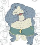  anthro belly bodily_fluids claws clothed clothing controller crocodilian double_chin flying_sweatdrops gaming hi_res holding_controller holding_object male moobs navel nintendo obese obese_male overweight overweight_male playing_videogame reptile ring_fit_adventure scalie solo standing sweat sweatdrop teeth toe_claws topless video_games のら 