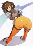  1girl ;) absurdres ass ass_focus bangs bent_over blue_theme blush bodysuit brown_eyes brown_hair cameltoe closed_mouth cosplay eyebrows_visible_through_hair full_body gloves goggles hairband haruhisky highres huge_filesize looking_at_viewer looking_back one_eye_closed overwatch scan shadow shiny shiny_clothes shoes short_hair simple_background skin_tight smile solo standing suzumiya_haruhi suzumiya_haruhi_no_yuuutsu thumbs_up tracer_(overwatch) tracer_(overwatch)_(cosplay) white_background yellow_bodysuit 