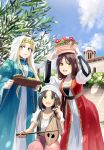  3girls :d aege-kai_wo_wataru_hana-tachi arms_up balancing balancing_on_head bangs black_hair blonde_hair blue_dress blue_eyes blue_sky breasts brown_hair coin_(ornament) cross day dress flower food green_eyes head_chain headdress highres hinoshita_akame holding holding_instrument instrument instrument_request jewelry juliet_sleeves leaning_forward long_hair long_sleeves looking_at_viewer multiple_girls music object_on_head open_mouth outdoors pants plant planter potted_plant puffy_sleeves red_flower shirt short_hair sitting sky smile standing traditional_dress tray veil vest white_shirt 