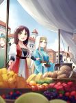  2girls 3boys :d aege-kai_wo_wataru_hana-tachi apple bangs blonde_hair blue_dress blue_eyes blurry bowl bread breasts brown_hair building cheese cheese_wheel coin_(ornament) cutting_board day depth_of_field dress food fruit grapes green_headwear head_chain highres hinoshita_akame holding holding_bowl holding_ladle jewelry kitchen_knife knife ladle long_hair long_sleeves looking_at_viewer market multiple_boys multiple_girls music no_eyes no_headwear open_mouth outdoors planted_knife planted_weapon pointing pomegranate pot sky smile traditional_dress vegetable veil weapon yellow_eyes 