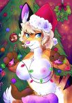  2019 absurd_res animal_genitalia animal_penis anthro barbed_penis big_breasts breasts candy candy_cane canid canine canine_penis christmas christmas_lights christmas_tree cleavage clothed clothing digital_media_(artwork) fiona_sterling food fox fur gynomorph hair hi_res holidays intersex iroxykun knot looking_at_viewer mammal mistletoe nipples ornaments pawpads paws penis plant red_fox smile solo thick_thighs tree 
