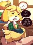 2019 animal_crossing anthro bell bodily_fluids bottomwear butt canid canine canis clothing domestic_dog female female_penetrated first_person_view fur hi_res human human_on_anthro interspecies isabelle_(animal_crossing) male male/female male_penetrating male_penetrating_female mammal nintendo penetration shih_tzu skirt solo_focus steecks sweat toy_dog vaginal vaginal_penetration video_games yellow_body yellow_fur 