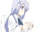  1girl bangs blue_eyes blue_neckwear blue_vest chair closed_mouth collared_shirt cup drink expressionless eyebrows_visible_through_hair from_side gochuumon_wa_usagi_desu_ka? hair_between_eyes hair_ornament hands_up hibimegane holding holding_cup kafuu_chino light_blue_hair long_hair long_sleeves looking_away navy_blue_neckwear neck_ribbon negative_space out_of_frame partially_colored rabbit_house_uniform ribbon shirt sidelocks simple_background sitting solo tareme teacup tippy_(gochiusa) upper_body vest white_background white_shirt wing_collar x_hair_ornament 