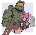  1boy 1girl ahoge armor bangs black_sclera blush breasts carrying closed_mouth danielle_brindle elbow_gloves english_commentary fingerless_gloves gloves hair_ornament halo_(game) helmet highres master_chief navel personification pink_hair pointy_ears princess_carry thighhighs 