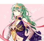  1girl braid breasts byleth_(fire_emblem) byleth_(fire_emblem)_(female) character_name cleavage closed_mouth cosplay dinikee dress fire_emblem fire_emblem:_three_houses green_eyes green_hair hair_ornament large_breasts long_hair navel pink_background simple_background smile solo sothis_(fire_emblem) sothis_(fire_emblem)_(cosplay) twin_braids upper_body 