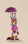  absurd_res barefoot bottomwear brown_background canid canine carrying cheek_tuft clothed clothing dipstick_ears dipstick_tail disney facial_tuft fox fully_clothed fur gloves_(marking) green_eyes grey_body grey_fur hi_res holding_object inner_ear_fluff judy_hopps lagomorph leporid mammal markings multicolored_ears multicolored_tail necktie nick_wilde on_shoulders outside pants purple_eyes rabbit raining red_body red_fox red_fur shirt simple_background standing thearonaut topwear tuft umbrella zootopia 