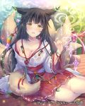  1girl :o animal_ears bangs bead_bracelet beads black_hair bracelet breasts bucket cleavage falkyrie_no_monshou fence fox_ears fox_tail hand_up japanese_clothes jewelry large_breasts long_hair looking_at_viewer miko nontraditional_miko official_art outdoors red_skirt ribbon-trimmed_skirt ribbon-trimmed_sleeves ribbon_trim sitting skirt solo soukuu_kizuna spill tail watermark wet wet_clothes yellow_eyes 