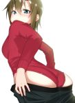  1girl absurdres apple_(ygbhjdbiulsg) ass black_pants blue_eyes blush brown_hair closed_mouth commentary_request frown highres idolmaster idolmaster_cinderella_girls leotard long_sleeves looking_at_viewer looking_back pants pants_pull red_leotard ribbed_sweater short_hair simple_background solo standing sweater tada_riina turtleneck_leotard white_background 
