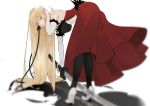  1girl ass bangs bare_shoulders bent_over black_legwear black_ribbon blonde_hair breasts dress elbow_gloves eyebrows_visible_through_hair fang feather_trim feathers gloves hair_ribbon high_heels holding holding_sword holding_weapon kiss-shot_acerola-orion_heart-under-blade kizumonogatari large_breasts lips long_hair monogatari_(series) nello_(luminous_darkness) pantyhose parted_lips red_dress ribbon shadow simple_background solo standing strapless strapless_dress sword vampire very_long_hair weapon white_background white_footwear white_gloves yellow_eyes 