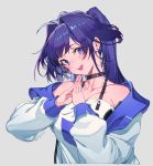  1girl :d bangs bare_shoulders blue_eyes blush breasts choker collarbone dress eyebrows_visible_through_hair fingers_together hair_ornament head_tilt honkai_(series) honkai_impact_3rd jacket large_breasts long_hair looking_at_viewer olys open_clothes open_jacket open_mouth purple_hair raiden_mei raiden_mei_(striker_fulminata) sidelocks simple_background smile solo twitter_username 