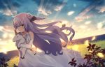  1girl azur_lane bangs bare_shoulders black_ribbon blue_sky blurry blurry_foreground blush closed_mouth cloud cloudy_sky collarbone commentary_request depth_of_field detached_sleeves dress eyebrows_visible_through_hair floating_hair flower hair_between_eyes hair_bun hair_ribbon long_hair long_sleeves looking_at_viewer object_hug one_side_up outdoors petals purple_eyes purple_hair red_flower ribbon shinopoko side_bun sky sleeves_past_wrists smile solo stuffed_alicorn stuffed_animal stuffed_toy sunset unicorn_(azur_lane) very_long_hair white_dress white_sleeves yellow_flower 