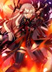  1girl ahoge arm_guards bangs black_bow black_coat bow breasts center_opening cleavage_cutout commentary_request dark_skin darkness dress eyebrows_visible_through_hair fate/grand_order fate_(series) fire flower_knot fuyuki_(neigedhiver) hair_bow high_collar highres holding holding_sword holding_weapon katana koha-ace large_breasts light_particles long_hair okita_souji_(alter)_(fate) okita_souji_(fate)_(all) red_dress serious solo sword tagme tassel thighhighs tied_hair very_long_hair weapon white_eyes white_hair zettai_ryouiki 