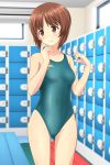  1girl absurdres aqua_swimsuit asics ass_visible_through_thighs bench blurry breasts brown_eyes brown_hair competition_swimsuit cowboy_shot depth_of_field girls_und_panzer highres indoors locker locker_room logo looking_to_the_side nishizumi_miho one-piece_swimsuit parted_lips short_hair small_breasts solo standing swimsuit takafumi 