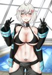  1girl ahoge anger_vein bangs black_bikini_top black_gloves black_jacket blush breasts cleavage cloire_clover cosplay cowboy_shot double_v en&#039;en_no_shouboutai english_commentary eyebrows_visible_through_hair fate/grand_order fate_(series) gloves grey_pants hair_between_eyes highres hip_vent jacket jeanne_d&#039;arc_(alter)_(fate) jeanne_d&#039;arc_(fate)_(all) large_breasts looking_at_viewer navel open_clothes open_jacket pants short_hair silver_hair smile solo standing tamaki_kotatsu tamaki_kotatsu_(cosplay) teeth v yellow_eyes 