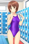  1girl absurdres asics ass_visible_through_thighs bench blurry breasts brown_eyes brown_hair competition_swimsuit cowboy_shot depth_of_field girls_und_panzer highres indoors locker locker_room logo looking_to_the_side nishizumi_miho one-piece_swimsuit parted_lips purple_swimsuit short_hair small_breasts solo standing swimsuit takafumi 