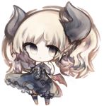  1girl bangs black_bow black_dress black_legwear blonde_hair bow brown_eyes brown_footwear chibi collared_shirt commentary_request cottontailtokki curled_horns demon_horns dress full_body gremory_(shadowverse) hand_up horns long_hair shadowverse shirt short_sleeves simple_background solo standing strapless strapless_dress thighhighs white_background white_shirt 