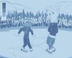  2019 anthro arctic_fox blue_theme bottomwear canid canine clothed clothing cloud color_swatch disney duo facial_markings fox fully_clothed handwear head_markings hi_res ice ice_skates ice_skating inner_ear_fluff jack_savage lagomorph leporid looking_at_another mammal markings mittens outside pants rabbit restricted_palette scarf sky skye_(zootopia) snow sweater theblueberrycarrots topwear tree tuft zootopia 